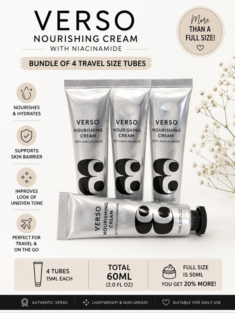 Verso Nourishing Cream with Niacinamide Travel Size Bundle of 4 | 15ml Each